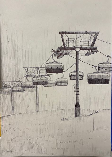 Ski Lift Drawing, Tear Draw, Skiing Sketch, Ski Sketch, Skier Drawing, Ski Cartoon, Ski Drawing, Skiing Art, Landscape Pencil Drawings