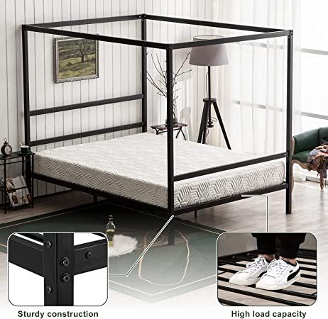 Amazon.com: Bonnlo Black Canopy Bed Frame Queen 4 Poster Bed Frame with Headboard,Queen Platform Canopy Bed Frame with Heavy Duty Steel Slat,No Box Spring Needed : Home & Kitchen Poster Bed Frame, Platform Canopy Bed, Four Poster Bed Frame, Black Canopy Bed, King Metal Bed Frame, 4 Poster Bed, Bed Frame Queen Size, Metal Canopy Bed, 4 Poster Beds