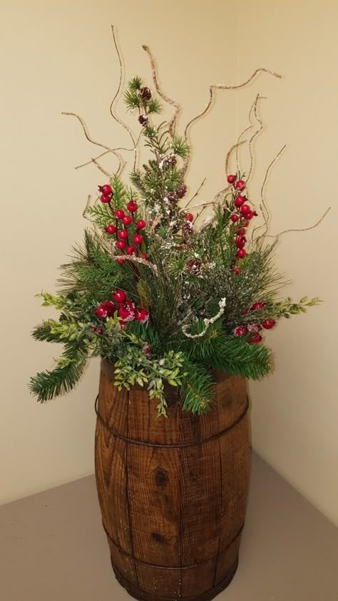 Christmas decor in antique barrel or nail keg. Designed by Carol. Nail Barrel Ideas, Christmas Barrel Decor, Christmas Whiskey Barrel Decorations, Christmas Crock Decorating Ideas, Barrel Decor Ideas, Barrel Christmas Decor, Crock Decor, Fall Porch Ideas, Light Color Palette