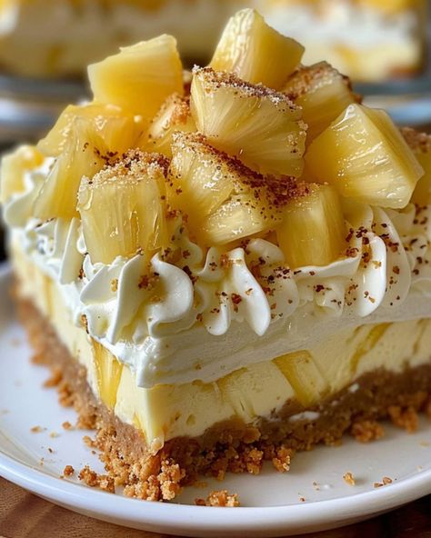 Pineapple Cheesecake Recipe: Tropical Delight in Every Bite - optimal recipes Recipes Tower, Pineapple Dream Dessert, Pineapple Cheesecake, Dessert Oreo, Pineapple Desserts, Cheesecake Dessert, Fruity Desserts, Cheesecake Desserts, Dessert Salads