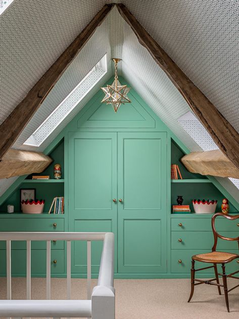 Cottage Loft Conversion, Leonora Birts, Tiny Attic Bedroom, Sally House, Bedroom Joinery, Low Ceiling Attic Bedroom, Loft Suite, Loft Conversion Ideas, Loft Rooms