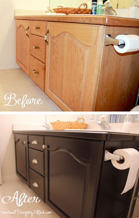 Bathroom cabinets makeover!  From drab to FAB! Bathroom Cabinet Makeover, Diy Home Improvements On A Budget, Interior Design Minimalist, Old Bathroom, Builder Grade, Geek Decor, Gel Stain, Diy Remodel, Bathroom Cabinets