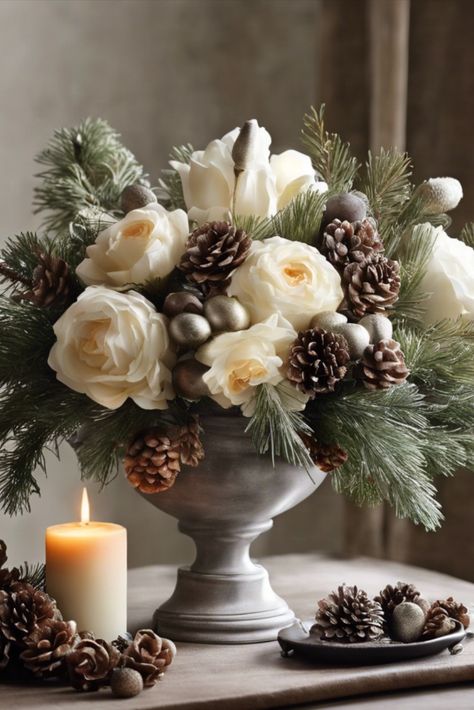 Bring natural elegance to your holiday decor with stunning winter floral displays. Explore combinations of flowers, greenery, and seasonal elements for sophisticated arrangements. Christmas Floor Vase Ideas, Elegant Christmas Floral Arrangements, Winter Arrangements Floral Design, Christmas Vase Arrangements, Doorway Decorations, Christmas Doorway Decorations, Christmas Doorway, Winter Flower Arrangements, Christmas Floral Designs