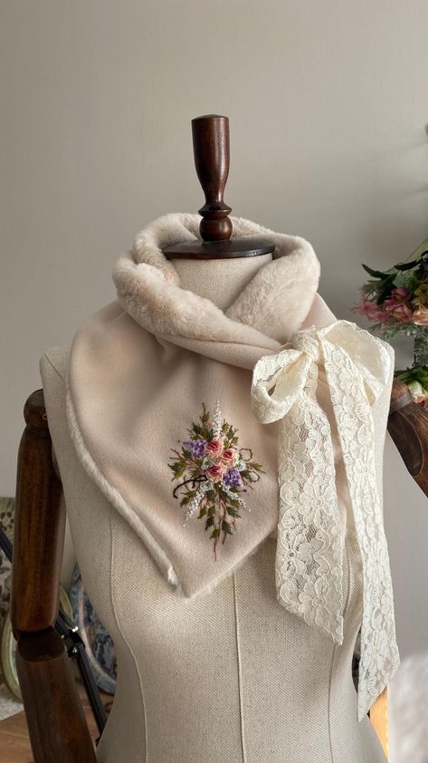 Embroidered Head Scarf, Embroidered Accessories, Embroidered Scarf, Handmade Scarf, Scarf Vintage, Handmade Scarves, Simple Embroidery, Fairy Costume, Floral Scarf