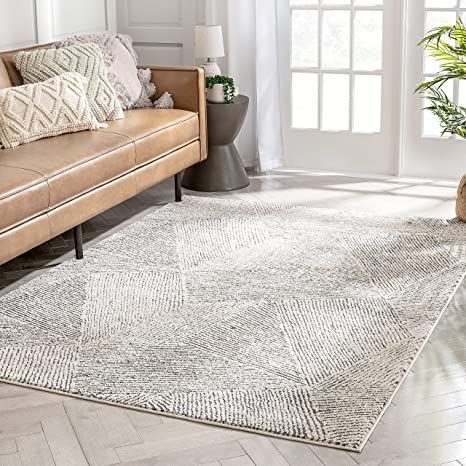 guR aerA ;43#&6;93#&01 x ;43#&01;93#&7 woL-hgiH dessertsiD egieB seniL cirtemoeG labirT oznE agalaM nevoW lle W Rug For Taupe Couch, Grey Floor Rugs, Area Rug Basement, Area Rug Grey Floor, Gray And Beige Area Rug, Modern Farmhouse Carpet Ideas, Light Grey Couch Rug Ideas, Rug Under White Couch, Grey Couch Living Room Rug