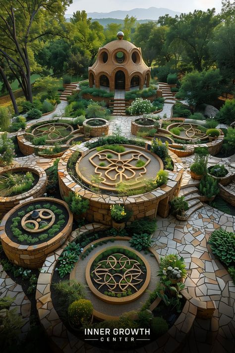 A circular garden with geometric patterns and a domed meditation structure surrounded by lush greenery and mountains. Healing Garden Design, Sacred Garden, Deep Healing, Outdoor Sanctuary, Healing Garden, Sustainable Agriculture, Public Garden, Garden Spaces, Spiritual Healing