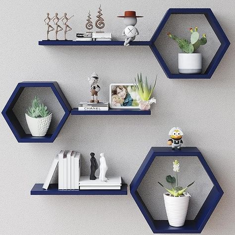 Office Decor Navy, Hexagon Floating Shelves, School Office Decor, Blue Shelves, Shelves For Living Room, Floating Shelves Wall, Shelves Display, Wood Hexagon, Honeycomb Shelves