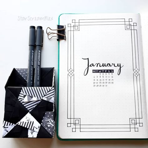 BuJo cover page January. Black and white, bullet journal, BuJo theme by StarScreamAlex Black And White Bujo Theme, Black And White Journal Ideas, Black And White Bullet Journal, Bujo January, Bujo Cover Page, Planer Ideas, February Bujo, Bujo 2025, Bujo Cover