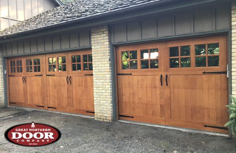 Wood Colored Garage Doors, Wood Garage Doors With Windows, Ranch Garage Doors, Ranch Style Garage Doors, Wood Looking Garage Doors, Craftsman Garage Door Ideas, Light Wood Garage Door, Barndominium Garage Doors, Cedar Looking Garage Doors