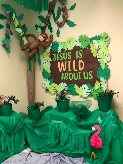 Vbs 2024 Wildlive, Zoo Vbs Decorations, Jungle Decorations Diy Safari Theme, Jungle Vacation Bible School, Wild About Jesus Trunk Or Treat, Jungle Safari Vbs Decorations, Vbs Safari Theme Decorations, Jungle Theme Vacation Bible School, Wild Live Vbs Decorations