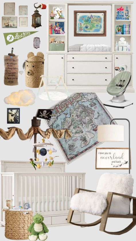 Neverland Nursery #neverland #peterpan #peterpannursery #nursery #babynursery #nurseryinspo Peter Pan Nursery Girl, Peter Pan Nursery Ideas, Nursery Moodboard, Neverland Nursery, Peter Pan Nursery, Baby Nursery Themes, Toddler Rooms, Nursery Inspo, Nursery Baby Room