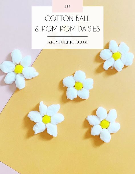 Cotton Ball & Pom Pom Daisies | A Joyful Riot Lamb Decorations, Hand Crochet Baby Blanket, Yellow Daisies, Cotton Balls, Mermaid Blanket, Easter Crafts For Kids, Cotton Ball, Crochet Patterns For Beginners, Little Flowers