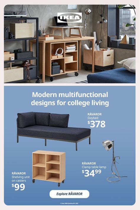 Multifunctional furniture makes college life easier. A sofa that’s also a bed. A dining table that’s a desk. A bench that’s storage. Start multitasking now with RÅVAROR, a stylish collection of high-quality, multifunctional furnishings that let you make yourself at home in the smallest spaces, like dorms and shared college apartments. College Apartments, Ikea Products, College Living, Ikea Home, Blue Sofa, Multifunctional Furniture, Functional Furniture, Home Room Design, Ikea Hacks