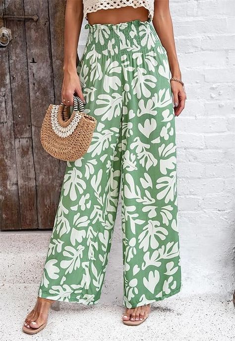 QegarTop Women's Linen Summer Palazzo Pants 2024 Flowy Wide Leg Beach Boho Trousers with Pockets at Amazon Women’s Clothing store Loose Trousers Women, Green Outfits, Womens Wide Leg Pants, Loose Trousers, Chic Blouses, Printed Wide Leg Pants, Dresses Ideas, Pants With Pockets, Weave Style