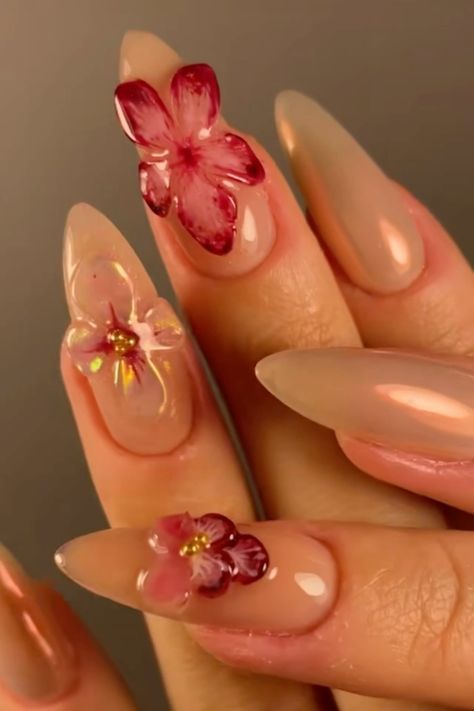 Flower On Nails Acrylic, Easy To Do Nails, Nails Inspo Acrylic, Summer Nails Simple, Orchid Nails, Nails Flowers, Girly Acrylic Nails, Pretty Gel Nails, Nail Jewelry