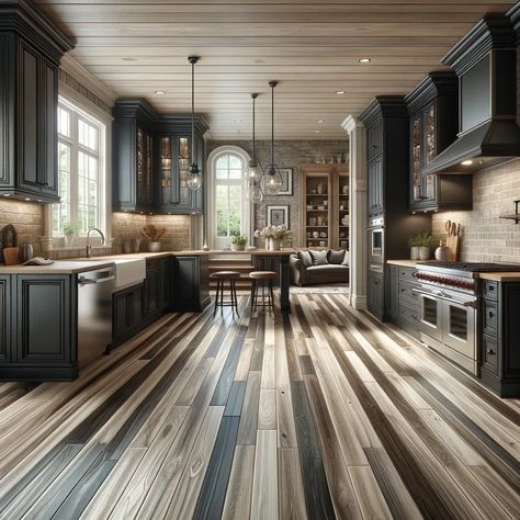 dark kitchen cabinets with cool ash bamboo floors Dark Floors Light Cabinets, Black Floor Kitchen, Light Floors Dark Cabinets, Dark Kitchen Floors, Dark Flooring, Blonde Flooring, Flooring Options Durable, Bamboo Floors, Kitchens Design