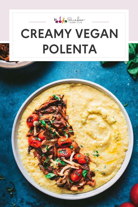 Creamy Vegan Polenta with Wild Mushroom and Tomato Ragu | Rainbow Plant Life- This Vegan Creamy Polenta is buttery, silky cold-weather comfort food that will warm your soul. Paired with a rich, umami-packed ragu made of wild mushrooms and cherry tomatoes. Head here for the recipe! Vegan Polenta, Rainbow Plant Life, Vegan Winter Recipes, Cold Weather Comfort Food, Vegan Instant Pot Recipes, Vegan Holiday, Creamy Polenta, Vegan Brunch, Wild Mushroom