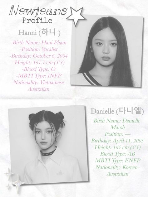 Newjeans Hanni and Danielle profile #newjeans #kpop #hanni #danielle Newjeans Members, Mbti Type, Newjeans Kpop, Kpop Obsession, Infp, Kpop Wallpaper, Mbti, Face Shapes