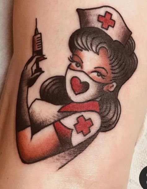 Traditional Tattoo Nurse, Pin Up Girl Tattoo, Traditional Tattoo Inspiration, Nurse Tattoo, Full Sleeve Tattoo Design, Traditional Tattoo Sleeve, Old School Tattoo Designs, Traditional Ink, Pin Up Tattoos