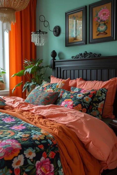 Bright Bedrooms Ideas, Bohemian Room Inspiration, Bed Room Ideas For Couples Colors Paint Colour Schemes, Funky Cottage Interiors, Maximalist Condo, Cozy Bedroom Design Ideas, Bohemian Maximalist Bedroom, Colorful Guest Bedroom Ideas, Eclectic Green Bedroom