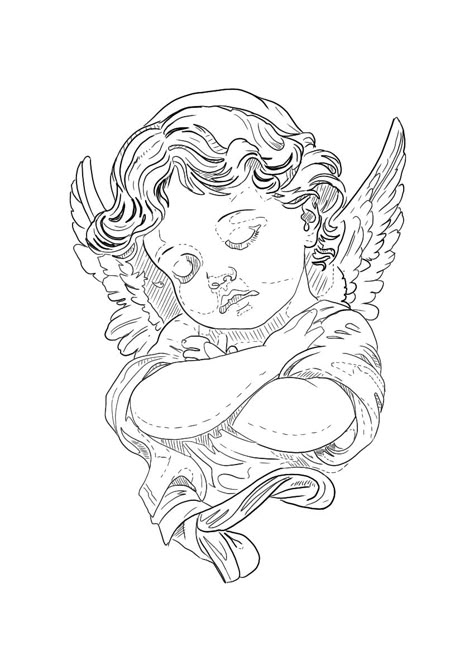 Cherub Statue Tattoo, Cherubs Drawing, Back Tattoo Angel, Tattoo Ideas Angels, Cherub Angel Drawing, Angel Tattoo Sleeve, Drawing Ideas Outlines, Angel Tattoo Outline, Angel Leg Tattoo