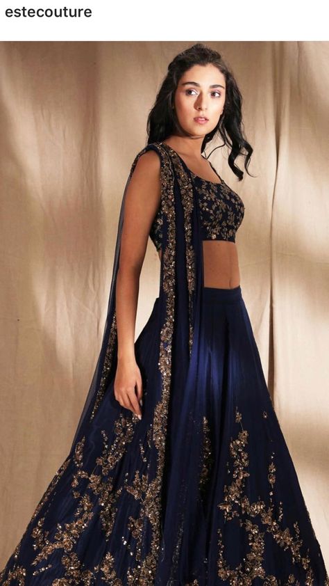 Blue And Gold Lehenga, Dark Blue Lehenga, Gold Lehenga, Indian Bridesmaid Dresses, Wedding Fits, Tejaswi Prakash, Simple Lehenga, Long Hair Ideas, Indian Outfits Lehenga