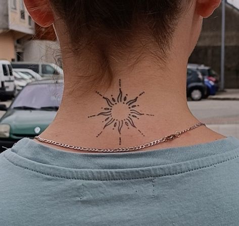 Sun Tattoo Neck Back, Sun On Neck Tattoo, Sun Tattoo Behind Neck, Sun On Back Of Neck Tattoo, Back Of Neck Sun Tattoo, Sun On Knee Tattoo, Lower Neck Tattoo Women, Sun Tattoo Spine, Neck Sun Tattoo