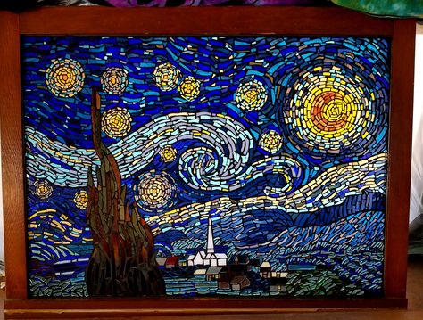 Stained glass mosaic tribute to Vincent Van Gogh's Starry Night, by Chanda Froehle. #stainedglass #mosaic #art #starrynight Mosaic Van Gogh, Sink Mosaic, Starry Night Stained Glass Window, Stained Glass Night Sky, Starry Night Mosaic, Starry Night Mosaic Pattern, Night Sky Stained Glass Window, Whimsigoth Mosaic, Mosaic Landscapes