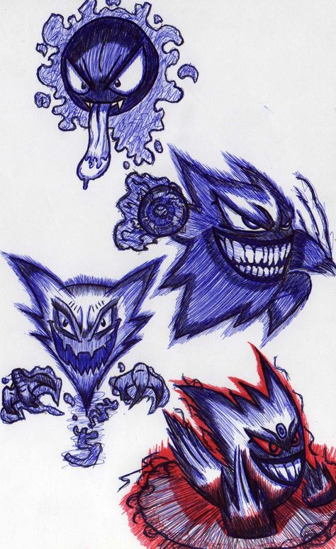 Dibujo basado en el pokémon Gastly y sus evoluciones Haunter, Gengar y Mega Gengar, dibujo realizado con pluma color azul, roja y escaneado #pokemon #gengar #anime #dibujo #drawing Ghastly Pokemon Drawing, Haunter Pokemon Drawing, Pokemon Gengar Art, Gengar Sketch, Pokémon Gastly, Pokemon Art Draw, Gengar Drawing, Sketch Mouth, Gengar Evolution