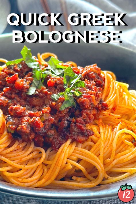 Quick Greek Bolognese | 12 Tomatoes Mediterranean Diet Spaghetti, Greek Spaghetti, Greek Kitchen, Easy Mediterranean Diet Recipes, 12 Tomatoes, Spaghetti Bolognese, Vegetable Puree, Greek Food, Mediterranean Diet Recipes