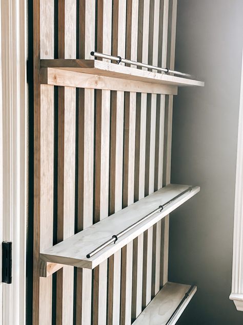 Wood Slat Accent Wall, Slat Accent Wall, Slate Wall, Wood Slat Wall, Diy Storage Cabinets, Inspire Me Home Decor, Slat Wall, Wooden Slats, Big Boy Room