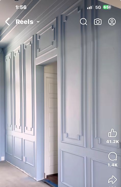 Blue Walls White Furniture, Light Blue Panelling, Light Blue Wainscoting, Sky Blue Paint, Bedroom Revamp, Millwork Details, Lacquered Walls, Painted Paneling Walls, Light Blue Walls