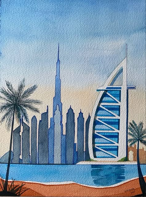 Dubai Canvas Painting, Uae Painting Ideas, Uae Drawing Ideas, Dubai Drawing Sketch, Dubai Painting Art, Uae Art Painting, Dubai Watercolor, Dubai Sketch, Uae Painting