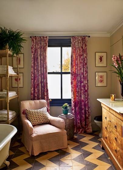 Bathroom - lino flooring Kensington House, Victorian Terraced House, Victorian Terrace House, London House, Green Cabinets, Victorian Terrace, Pierre Frey, Velvet Dining Chairs, House Garden