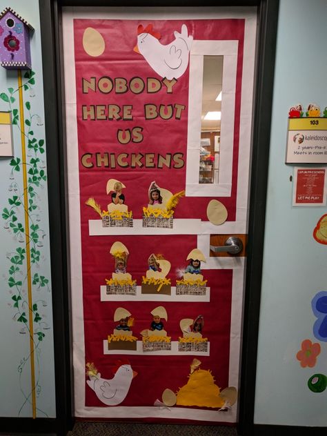 Chicken On Classroom Door, Chicken Coop Classroom Ideas, Chicken Name Tags Diy, Farm Door Ideas Preschool, Farm Door Ideas For Classroom, Farm Theme Door Decorations, Chicken Classroom Decor, Chicken Theme Classroom, Farm Classroom Door Ideas