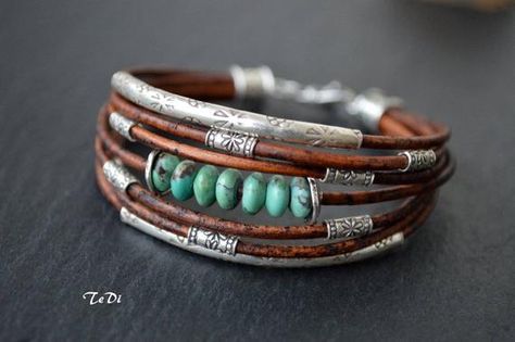 Multiple strands of finest Greek chocolate brown leather cord with sterling silver beads, oxidized and hand polished . The beads fit just right that they stay spread randomly on the strands. Beautiful natural Nevada turquoise and hand crated artisan sterling silver silver add charm of this chic and Boho Bangle, Diy Charm Bracelet, Silver Jewels, Leather Bracelets, Elegant Bracelet, Beaded Bracelets Diy, Silver Jewelry Handmade, Leather Jewelry, Turquoise Jewelry