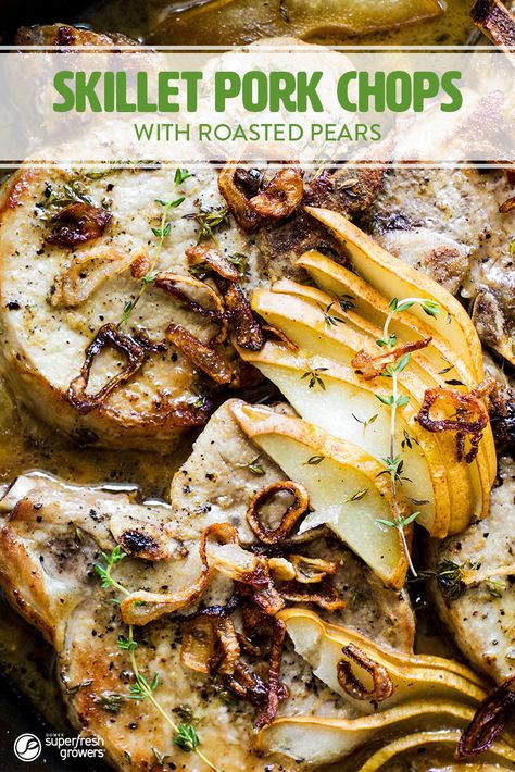 Organic Bartlett pears, fresh thyme, and tender and full of flavor pork chops marry together to create this savory skillet dish. Pear Pork Chops, Pork Chops And Pears Recipe, Pork And Pears Recipe, Bartlett Pear Recipes, Pork Chops And Pears, Recipe Using Pears, Savory Pear Recipes, Roasted Pears, Skillet Pork Chops