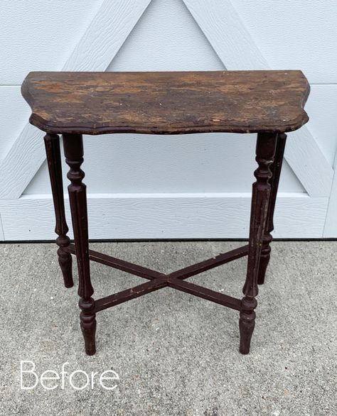 How To Refinish A Side Table, Small Side Table Redo Ideas, Marble Top Side Table Makeover, Antiquing A Mirror, Side Table Makeover Diy, Antique Side Table Makeover, Antique Table Makeover, Painted Antique Side Table, Referbished Side Table