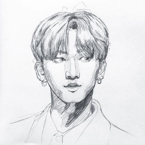 Changbin Drawing Easy, Changbin Drawing Pencil, Changbin Sketch, Changbin Drawing, Skz Sketch, Easy People Drawings, Skz Art, Face Sketch, Kpop Drawings