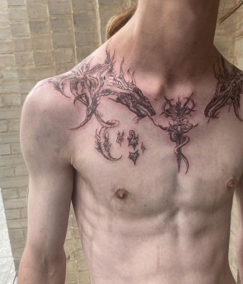 Tattoo Ideas Chest Mens, Men’s Side Tattoo, Men Torso Tattoo, Cybersigilism Tattoo Chest, Cybersigilism Chest Tattoo, Tattoo Inspo Men, Pec Tattoo Men, Chest Tattoo Male, Oblivion Tattoo