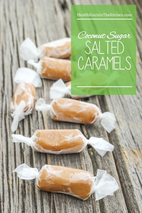 Homemade Salted Caramels made with healthy coconut sugar! Coconut Sugar Recipes, Paleo Candy, Salted Caramels, Slow Carb, Aip Desserts, Caramel Candy, Filtered Water, Primal Paleo, Homemade Caramel