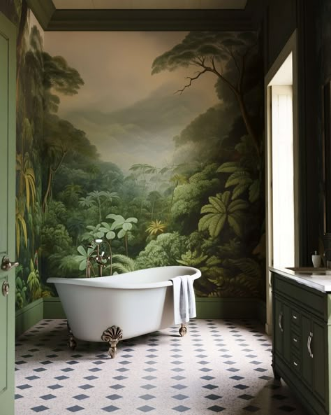 Tropical Rainforest Wallpaper Mural | Dense Jungle Scene | Bobbi Beck Tropical Decor Bathroom, Tropical Powder Room Ideas, British Colonial Bathroom Ideas, British Colonial Style Bathroom, Modern Tropical Bathroom, Colonial Bathroom Ideas, Colonial Style Bathroom, British Colonial Bathroom, Tropical Bathrooms