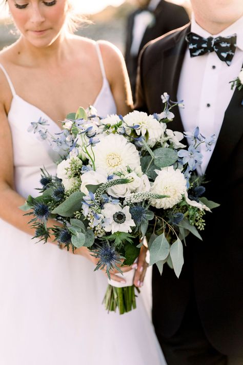 Deep Blue And Sage Wedding, April Wedding Bouquet, Navy Blue And White Bridal Bouquet, Flowers For Navy Bridesmaid Dresses, Blue And Green Wedding Flowers, Bouquet Of Flowers Loose Sage And Navy Blue, Dusty Blue Sage Green White Flowers, Navy Blue Bridal Bouquet, Bouquet With Blue Thistle