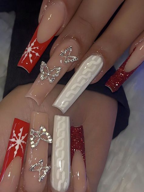 Christmas Charm Nails, White Nails With Red Butterflies, Red Nails With Butterfly Design, Red Nails Butterflies, Christmas Nails Medium Length, Red Butterfly Nails, Christmas Airbrush Nails, Red Acrylic Nails Coffin Butterflies, Red Holiday Nail Designs