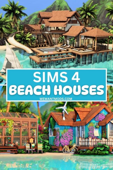 🏖️25+ Sims 4 Beach Houses: A Tropical Paradise The Sims 4 Beach Houses Ideas, Sims 4 Beach Bungalow, Tropical House Sims 4, Sims 4 Beach Villa, Sims 4 Island Living House Layout, Sims 4 Vacation Mod, Sims 4 Cc Island, Sims 4 Island Living, Sims 4 Cc Beach House