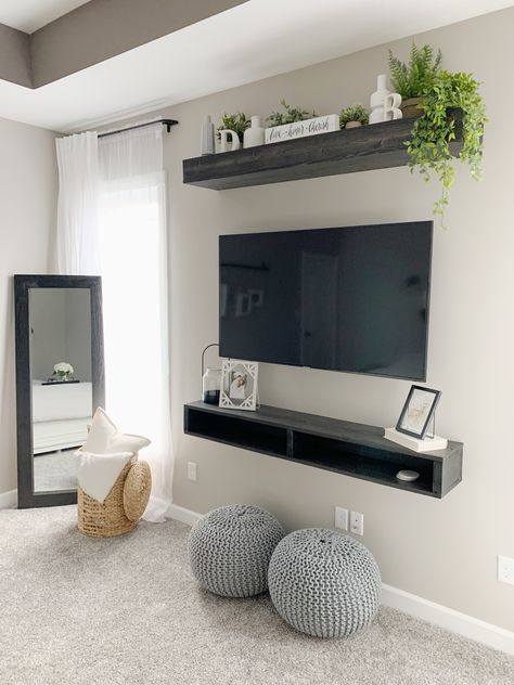 Bedroom Under Tv Ideas Bedrooms, Under Tv Decor Bedroom Wall Mounted Tv, Bedroom Tv On Wall Ideas, Wall Tv Bedroom Ideas, Small Living Room Tv Mount, Mini Office Space Ideas, Tv Small Bedroom Ideas, Bedroom Tv Wall Shelf, Tv Wall Decor For Bedroom