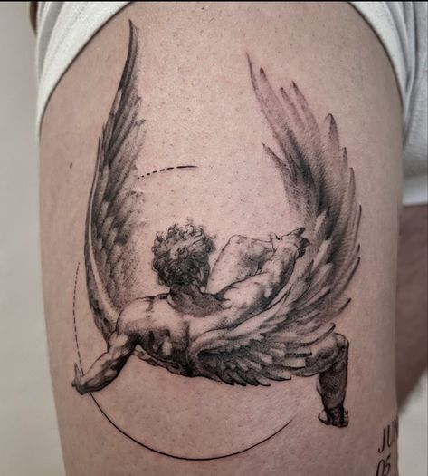 Angels Tattoos Men, Icarus Tattoo Thigh, Fallen Icarus Tattoo, Icarus Back Tattoo, Freedom Tattoo Men, Fallen Angel Tattoo Designs, Falling Angel Tattoo, Icarus Drawing, Angle Tattoo