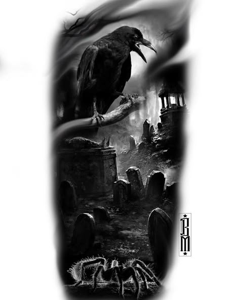 Available with me #tattoo #crow #black #graveyard #spider #tarantula #dark #tattoodesign Graveyard Tattoo, Rabe Tattoo, Crow Tattoo Design, Me Tattoo, Demon Tattoo, Crow Tattoo, Raven Tattoo, Horror Tattoo, Diy Tattoo