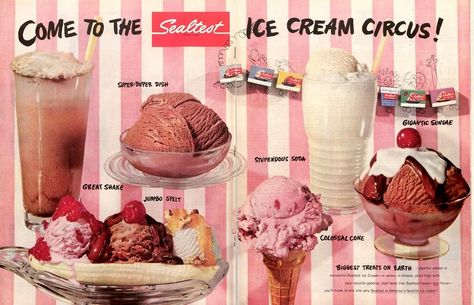 Sealtest ice cream, June 1954 Nostalgic Ice Cream, Ice Cream Menu, Vintage Ice Cream, Vintage Candy, I Want To Eat, Art References, Sliders, Mood Boards, Ice Cream