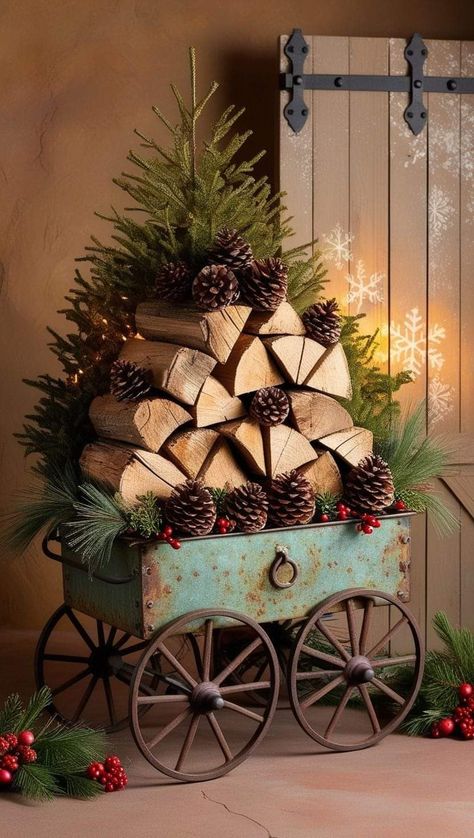 Whiskey Barrel Christmas Ideas, Christmas Barn Decorations, Cabin Christmas Decor Rustic, Rustic Outdoor Christmas Decorations, Rustic Xmas Decor, Gold Christmas Tree Decorations, Farmhouse Christmas Decor Ideas, Christmas Lodge, Rustic Holiday Decor